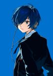  1boy bishounen blue_background blue_eyes blue_hair closed_mouth collared_shirt eyelashes favilia from_behind gekkoukan_high_school_uniform hair_over_one_eye hands_in_pockets headphones highres male_focus persona persona_3 persona_3_reload school_uniform shirt short_hair solo upper_body wire yuuki_makoto_(persona_3) 