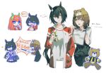  3girls animal_ears animal_hat bag black_hair black_pants black_vest bottle bow bowtie braid breasts brown_hair cellphone chibi chinese_text clipboard closed_eyes crown_braid female_trainer_(umamusume) frown furrowed_brow gym_uniform hand_in_pocket hat highres holding holding_clipboard holding_phone horse_ears jacket kin&#039;iro_ryotei_(umamusume) long_hair low_ponytail mixed-language_text multiple_girls multiple_views open_clothes open_jacket orange_hair pants phone pointing purple_shirt purple_skirt red_jacket ria_(i_am_ria) sailor_collar school_bag school_uniform shirt short_hair silence_suzuka_(umamusume) skirt small_breasts smartphone speech_bubble stuffed_animal stuffed_toy teddy_bear tracen_school_uniform track_jacket trainer_(umamusume) translation_request umamusume vest water_bottle white_shirt wiping_face yellow_eyes 