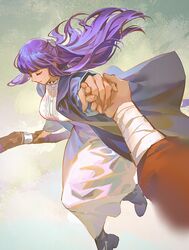  1boy 1girl bandaged_wrist bandages black_cloak black_footwear blunt_bangs blurry boots breasts buttons cloak closed_mouth collar commentary_request dress fern_(sousou_no_frieren) frilled_collar frills hair_ornament half_updo highres holding holding_hands holding_staff long_hair purple_hair solo_focus sousou_no_frieren staff stark_(sousou_no_frieren) tamias very_long_hair white_dress 