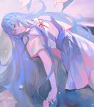  1girl ayanami_rei baby blue_dress blue_hair dress evangelion:_3.0+1.0_thrice_upon_a_time expressionless highres holding_hands ling_ye_zzz long_hair looking_to_the_side lying neck_ribbon neon_genesis_evangelion on_back out_of_frame pinafore_dress rebuild_of_evangelion red_eyes ribbon school_uniform shirt sleeveless sleeveless_dress solo standing tokyo-3_middle_school_uniform very_long_hair white_shirt 