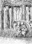  1boy absurdres animal arrow_(projectile) bow_(weapon) cloak closed_mouth dungeon_meshi english_commentary forest full_body grass greyscale highres holding holding_bow_(weapon) holding_weapon laios_touden long_sleeves looking_at_viewer male_focus monochrome nature outdoors pelt screachogreilige short_hair solo squatting tree undercut very_short_hair weapon wolf 
