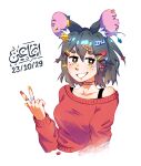  1girl :p animal_ears arabic_text choker dated earrings food-themed_hair_ornament gold_earrings grey_hair hair_between_eyes hair_ornament hairclip heart heart_hair_ornament jewelry medium_hair mouse_ears mouse_girl multicolored_nails nail_polish nazrin off-shoulder_sweater off_shoulder pink_choker red_eyes red_nails red_sweater simple_background sma3in star_(symbol) star_earrings sweater text_hair_ornament thick_eyebrows tongue tongue_out touhou undershirt upper_body watermark yellow_nails 