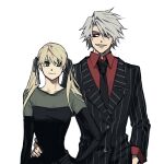  1boy 1girl black_dress black_necktie black_ribbon blonde_hair dress english_commentary green_eyes hair_ribbon hand_in_pocket hand_on_another&#039;s_hip hand_on_own_hip highres jacket looking_at_another ma0ma0_0 maka_albarn necktie red_eyes red_shirt ribbon sharp_teeth shirt smile soul_eater soul_evans striped_clothes striped_jacket teeth twintails vertical-striped_clothes vertical-striped_jacket white_hair 