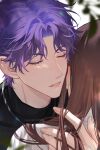  1boy 1girl absurdres artist_name black_shirt blurry blurry_foreground blush branch brown_hair chain chain_necklace closed_eyes couple day ear_blush eyelashes fingernails hand_in_another&#039;s_hair hand_on_another&#039;s_back highres jewelry jun_(kokage) leaf light lips long_hair love_and_deepspace male_focus necklace parted_bangs parted_lips protagonist_(love_and_deepspace) purple_hair rafayel_(love_and_deepspace) shirt short_hair turtleneck white_background 