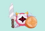  absurdres armor blue_background galacta_knight highres holding holding_knife horns kirby_(series) kirby_with_a_knife_(meme) knife mask meme no_humans pauldrons red_eyes shibulio shoulder_armor solid_oval_eyes solo wings 