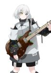  1girl absurdres bang_dream! bang_dream!_it&#039;s_mygo!!!!! black_shorts blue_eyes closed_mouth commentary_request cowboy_shot electric_guitar guitar heterochromia highres holding holding_guitar holding_instrument holding_plectrum instrument jacket kaname_raana long_sleeves looking_at_viewer onichan_anarchy plectrum short_hair shorts simple_background solo white_background white_hair white_jacket yellow_eyes 