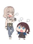  2girls =_= angry black_overalls blue_eyes blue_pants blush brown_hair camouflage camouflage_jacket chibi closed_eyes clothes_around_waist commentary full_body girls_band_cry grey_hair grey_shirt habsida_(habsida_hpy) highres iseri_nina jacket jacket_around_waist kawaragi_momoka long_hair long_sleeves low_twintails multicolored_hair multiple_girls open_mouth overalls pants roots_(hair) shirt short_hair short_twintails sidelocks simple_background twintails white_background 