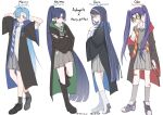  4girls 7026jaja ado_(utaite) ahoge arms_behind_head bandaid bandaid_on_leg black_coat black_socks blue_eyes blue_hair blue_necktie boots braid braided_bangs closed_mouth cloud_nine_inc coat collared_shirt commentary_request crossed_arms full_body gira_gira green_necktie grey_skirt grey_socks grey_sweater_vest gryffindor hair_between_eyes hair_over_one_eye hand_up harry_potter_(series) highres holding holding_wand kneehighs light_blue_hair long_hair long_sleeves looking_at_viewer merry_(ado) multiple_girls naima_(ado) necktie odo_(song) open_clothes open_coat parted_bangs pleated_skirt ponytail ravenclaw readymade_(ado) red_necktie shirt shoes simple_background skirt sleeves_past_elbows slytherin socks sweater_vest tinted_eyewear twintails twitter_username undone_necktie usseewa very_long_hair wand white_background white_footwear white_shirt wizarding_world yellow-tinted_eyewear 