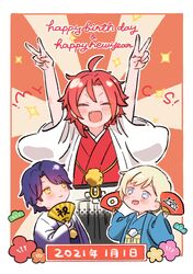  3boys :d ^_^ arms_up blonde_hair blue_eyes blue_hair blue_kimono border chibi closed_eyes closed_mouth commentary_request dated facing_viewer fang hand_fan happy_birthday happy_new_year highres holding holding_fan idol_time_pripara japanese_clothes kimono long_sleeves looking_at_another male_focus mitaka_asahi multiple_boys new_year open_mouth poro_(pweedro) pretty_series pripara red_kimono redhead short_hair smile takase_koyoi v white_border wide_sleeves yellow_eyes yumekawa_shogo 