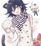  2boys ahoge android animal_ears animal_hands arm_belt artist_name bad_id bad_twitter_id bell belt black_scarf black_tank_top blue_eyes bow buttons cat_ears cat_tail chain checkered_clothes checkered_scarf chibi commentary_request dalrye_v3 danganronpa_(series) danganronpa_v3:_killing_harmony double-breasted gloves hair_between_eyes head_tilt jacket k1-b0 kemonomimi_mode korean_commentary light_blush long_sleeves looking_at_viewer male_focus multicolored_background multiple_boys oma_kokichi open_mouth paw_gloves paw_pose paw_print purple_hair red_bow scarf short_hair simple_background smile solo_focus sweatdrop tail tail_bell tail_bow tail_ornament tank_top two-tone_scarf v-shaped_eyebrows violet_eyes wavy_mouth white_background white_belt white_gloves white_hair white_jacket white_scarf white_sleeves 