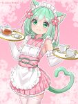  1girl absurdres animal_ear_fluff animal_ears apron blush braid cat_ears cat_girl cat_tail closed_mouth cup elbow_gloves floral_print flower frilled_apron frills gloves green_eyes green_hair hair_flower hair_ornament hairclip hazakura_hinata highres holding holding_tray japanese_clothes kimono looking_at_viewer maid maid_headdress obi original pink_background pink_flower pink_kimono ribbon_trim sash sleeveless sleeveless_kimono smile solo tail teacup teapot thigh-highs tray variant_set white_apron white_thighhighs 