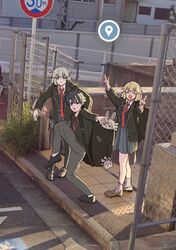  1boy 2girls absurdres ahoge alternate_costume black_cardigan black_footwear black_hair black_jacket black_thighhighs braid braided_ponytail brown_footwear cardigan character_doll closed_eyes collared_shirt commentary_request double_v fate/grand_order fate_(series) fou_(fate) fujimaru_ritsuka_(male) google_street_view grey_pants grey_skirt high_school_girls_posing_for_google_street_view_(meme) highres jacket jeanne_d'arc_(fate) jeanne_d'arc_alter_(fate) long_hair long_sleeves meme miyamoto_musashi_(fate) multiple_girls necktie nonoitou110 official_alternate_costume open_clothes open_mouth pants photo-referenced pleated_skirt red_necktie school_uniform shirt shoes short_hair skirt smile standing standing_on_one_leg thigh-highs v white_shirt 