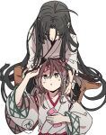  2girls ahoge black_hair black_hakama blush bow brown_eyes brown_hair brown_socks closed_eyes commentary_request hachimaki hair_bow hair_ribbon hakama hakama_skirt headband hinata_hibari japanese_clothes kantai_collection lap_pillow long_hair lying multiple_girls red_hakama ribbon shorts shouhou_(kancolle) signature sitting skirt socks very_long_hair wariza white_background zuihou_(kancolle) 