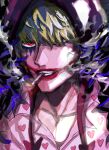  1boy a00xm blonde_hair cape cigarette close-up commentary donquixote_rocinante fur_cape hair_over_one_eye heart heart_print highres hood looking_at_viewer makeup male_focus one_piece pink_shirt red_eyes red_lips shirt smoke solo upper_body 