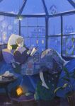  1boy absurdres artist_name barefoot blanket book brown_eyes closed_mouth cup highres holding holding_book holding_cup house illumi999 indoors lamp light_brown_hair lying male_focus night night_sky on_back original pillow plant short_hair sky snow solo table vase window 