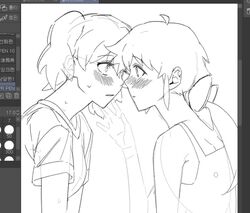  2girls art_program_in_frame azumaya_koyuki blush bow commentary_request eye_contact greyscale hair_bow hand_on_another's_face hinata_natsumi keroro_gunsou long_hair looking_at_another monochrome multiple_girls parted_lips ponytail short_sleeves sweatdrop ta_gk twintails yuri 