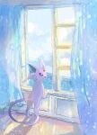  animal_focus bright_pupils curtains espeon forehead_jewel full_body highres indoors light_particles looking_outside no_humans ocean open_mouth pokemon pokemon_(creature) solo split_tail violet_eyes volpecorvo white_pupils window 