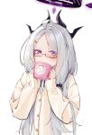  1girl ahoge bespectacled black_horns blue_archive blush buttons cardigan closed_mouth cup demon_horns doodle_sensei_(blue_archive) glasses grey_hair halo highres hina_(blue_archive) holding holding_cup horns long_hair long_sleeves looking_at_viewer multiple_horns painterliuhao sensei_(blue_archive) shirt simple_background solo upper_body violet_eyes white_background white_cardigan white_shirt 