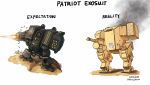  1other artist_name cardboard commentary english_commentary english_text expectations/reality fallenspherell firing fragile_symbol gatling_gun helldivers_(series) highres mecha mecha_focus minigun missile no_humans robot shell_casing signature smoke tape twitter_username walker_(robot) 