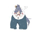  1girl animal animal_hug artist_name bird blue_eyes blush closed_eyes closed_mouth coat commentary earrings english_text fu_hua fu_hua_(azure_empyrea) fur_trim gloves grey_hair hair_between_eyes hair_ornament hair_over_one_eye hair_stick honkai_(series) honkai_impact_3rd hug jewelry jingwei_(bird) long_hair maiqo outdoors ponytail single_earring snow snow_on_head snowing symbol-only_commentary winter 