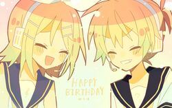  1boy 1girl :d ^_^ bare_shoulders black_sailor_collar blonde_hair bow brother_and_sister closed_eyes commentary_request dated facing_another flipped_hair gradient_background grin hair_between_eyes hair_ornament halftone happy_birthday headphones headset highres kagamine_len kagamine_rin medium_hair oboro_0x0 open_mouth pink_background ponytail portrait sailor_collar shirt short_hair short_sleeves siblings simple_background sleeveless sleeveless_shirt smile twins v-shaped_eyebrows vocaloid white_bow white_headphones white_shirt yellow_background 