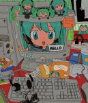  1girl bag_of_chips blue_eyes blue_hair cable character_doll collared_shirt commentary computer computer_tower crt cup disc disposable_cup english_text grey_shirt hatsune_miku headphones headset highres indoors keyboard_(computer) kousou_(vanilla_rkgk) long_hair looking_at_viewer mouse_(computer) note notebook open_mouth pen power_strip shirt sleeveless sleeveless_shirt smile solo speech_bubble sticker table twintails vocaloid 