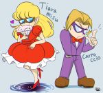  1boy 1girl blonde_hair bow bowtie brown_footwear carpaccio_(wario:_master_of_disguise) dress grey_background hand_fan heinzlike high_heels long_hair pointy_ears purple_suit red_bow red_bowtie red_dress red_footwear simple_background smile suit terrormisu wario:_master_of_disguise 