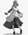  1girl absurdres apron camera full_body greyscale highres holding holding_camera looking_at_viewer maid maid_apron maid_headdress monochrome open_mouth original shimkarom short_hair simple_background smile solo standing 