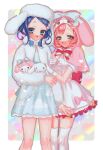  2girls :d animal_ears animal_hood ayase_naru bad_id bad_twitter_id blue_dress blue_eyes blue_hair blush bow brown_eyes capelet cinnamoroll coat commentary_request dress fake_animal_ears feet_out_of_frame fur_coat fur_hat gloves hat highres holding holding_stuffed_toy hood hood_up hooded_capelet looking_at_viewer multiple_girls my_melody onegai_my_melody open_mouth pink_bow pink_capelet pink_hair pretty_rhythm pretty_rhythm_rainbow_live pretty_series rabbit_hood rinne_(pretty_rhythm) sanrio short_hair smile standing stuffed_animal stuffed_rabbit stuffed_toy thigh-highs white_coat white_dress white_gloves white_hat white_thighhighs yuiitsu 