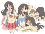  3girls aioi_yuuko black_hair blue_hair blush brown_hair cube_hair_ornament glasses hair_ornament long_hair messy_hair minakami_mai multiple_girls naganohara_mio nichijou notebook sailor_collar school_uniform short_hair short_twintails skirt snowii_cat tokisadame_school_uniform twintails 