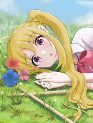  1girl ahoge blackxyfaf blonde_hair blue_flower bocchi_the_rock! bow bowtie collared_shirt drumsticks flower ijichi_nijika looking_at_viewer lying on_side pink_flower red_bow red_bowtie red_flower school_uniform shirt side_ponytail two-tone_eyes upper_body white_shirt 