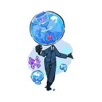  1boy black_gloves blue_butterfly blue_jacket blue_pants brain bubble bug butterfly fishbowl full_body gloves highres hourglass jacket kalliope_orc limbus_company pants pinstripe_jacket pinstripe_pants pinstripe_pattern project_moon rim_(project_moon) solo 