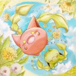  :d absurdres alternate_color clouds commentary_request dandelion day flower happy highres hoppip marker_(medium) no_humans open_mouth outdoors pana_panana pokemon pokemon_(creature) shiny_pokemon sky smile tongue traditional_media yellow_eyes yellow_flower 