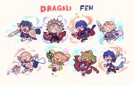  3boys 5girls alfonse_(fire_emblem) armor blonde_hair blue_cape blue_hair blunt_bangs book cape chibi chibi_only chrom_(fire_emblem) closed_mouth commentary_request dragalia_lost dragonstone dress earrings fairy fairy_wings falchion_(fire_emblem) fire_emblem fire_emblem:_mystery_of_the_emblem fire_emblem_awakening fire_emblem_heroes fjorm_(fire_emblem) green_hair grey_hair highres holding holding_polearm holding_shield holding_sword holding_weapon jewelry lance long_hair marth_(fire_emblem) multiple_boys multiple_girls mushi_rags open_book open_mouth peony_(pokemon) polearm ponytail red_cape sharena_(fire_emblem) shield short_hair sword tiara tiki_(fire_emblem) tiki_(young)_(fire_emblem) veronica_(fire_emblem) weapon white_cape wings 