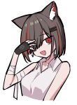  1girl :3 :d animal_ear_fluff animal_ears bandaged_arm bandages bare_shoulders black_gloves bob_cut breasts cat_ears collarbone collared_shirt colored_inner_animal_ears commentary_request cropped_torso dot_nose earrings fang fingerless_gloves gloves grey_hair hair_ornament hair_over_one_eye hairclip hand_up head_tilt highres jewelry looking_at_viewer looking_to_the_side medium_breasts morphling_(artist) multicolored_hair neneko_mashiro open_collar open_mouth pentagram raised_eyebrow red_eyes redhead shirt short_hair simple_background sleeveless sleeveless_shirt smile solo stellive streaked_hair swept_bangs thick_eyelashes three_quarter_view virtual_youtuber white_background white_shirt 