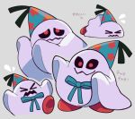  &gt;_&lt; 1boy black_sclera blue_bow blue_bowtie blue_hat bow bowtie colored_sclera commentary doopliss flying_sweatdrops furrowed_brow ghost grey_background hat ni_re paper_mario paper_mario:_the_thousand_year_door party_hat red_eyes red_footwear sheet_ghost smile star_(symbol) star_print super_mario_bros. translated 