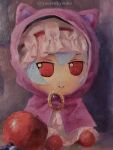  1girl apple blue_hair closed_mouth commentary english_commentary food fruit fumo_(doll) hat highres looking_at_viewer mob_cap oil_painting_(medium) painting_(medium) pink_hat red_eyes remilia_scarlet short_hair smile solo touhou traditional_media twitter_username yuuren_kyouko 