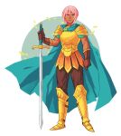 1girl anyan_p aqua_cape armor brown_gloves cape circle clenched_hand english_commentary full_body gloves highres holding holding_sword holding_weapon looking_at_viewer one_piece pink_hair planted planted_sword ponytail rebecca_(one_piece) sidelocks solo sword weapon 