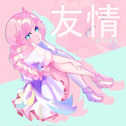  1girl asymmetrical_legwear blue_eyes braid commentary dress english_commentary frills full_body highres looking_at_viewer pink_hair rana_(vocaloid) ranagain shoes sidelocks sitting solo song_name the_fukarana twin_braids vocaloid white_dress white_footwear 