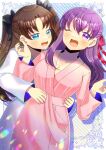  2girls :d ;d black_bow blue_eyes blush bow breasts brown_hair collarbone commentary_request commission fate/stay_night fate_(series) hair_between_eyes hair_bow hands_up japanese_clothes kimono kou_hiyoyo large_breasts long_hair long_sleeves matou_sakura multiple_girls one_eye_closed parted_bangs pink_kimono purple_hair red_bow skeb_commission smile striped_background tohsaka_rin two_side_up very_long_hair violet_eyes white_kimono 
