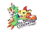  artist_name bird button_eyes buttons copyright_name digimon digimon_liberator dragon eye_mask feathers green_eyes green_feathers holding holding_needle needle notaventura pteromon shoemon simple_background violet_eyes white_background 