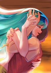  1boy 1girl animal_print artist_name bikini brown_hair couple dutch_angle from_side green_hair hug long_hair lum miz_mus moroboshi_ataru print_bikini red_shirt shirt short_hair sleeveless sleeveless_shirt swimsuit tears tiger_print urusei_yatsura 