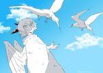  1boy animal bird blue_background blue_eyes blue_sky bruise clouds dragon_boy dragon_horns dragon_tail dragon_wings fins head_fins horns hotathino injury looking_at_animal male_focus original robe short_hair sky solo tail upper_body wings 