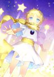  1boy blonde_hair blue_eyes bright_pupils fate/grand_order fate/requiem fate_(series) feet_out_of_frame highres long_sleeves looking_at_viewer male_focus open_mouth outstretched_arms sash scarf short_hair solo star_(symbol) voyager_(fate) voyager_(first_ascension)_(fate) white_pupils wide_sleeves xuehua yellow_sash yellow_scarf 
