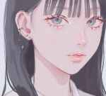  1girl artist_name black_hair blue_eyes close-up closed_mouth earrings eyelashes grey_background hair_between_eyes highres jewelry ksmy2-pink-love long_hair looking_at_viewer original portrait simple_background solo 