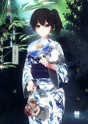  1girl 3d alternate_costume bag bamboo black_hair brown_eyes commission gr_sword hand_fan highres japanese_clothes kaga_(kancolle) kantai_collection kimono lantern leaf_print looking_at_viewer medium_hair paper_fan satchel side_ponytail solo standing tanabata tanzaku uchiwa white_kimono yukata 