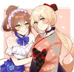  2girls alternate_costume alternate_hairstyle blue_dress blush bow braid breasts brown_hair choker closed_mouth coll_(erichankun) commission dress flower_hairband french_braid girls_frontline green_eyes hair_between_eyes hair_bow holding_another&#039;s_arm japanese_clothes kimono looking_at_another looking_at_viewer multiple_girls official_alternate_costume ots-14_(flurry_of_petals)_(girls&#039;_frontline) ots-14_(girls&#039;_frontline) parted_lips ponytail red_bow second-party_source simple_background smile springfield_(girls&#039;_frontline) two-tone_background two-tone_dress white_dress 