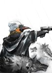  1boy aiming animal arknights bird black_jacket emperor_(arknights) from_side gun handgun hat highres holding holding_gun holding_weapon hood hood_down hooded_jacket jacket karaage-senpai long_sleeves male_focus outstretched_arm penguin rain simple_background solo sunglasses water weapon white_background white_hat wolf 