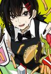  1girl absurdres apron black_apron black_eyes black_hair black_nails bow bowtie burger chainsaw_man cola crying crying_with_eyes_open dropped_food food french_fries higashiyama_kobeni highres looking_at_viewer ponytail sailen0 shirt short_hair tears white_shirt 