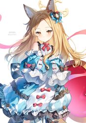  1girl animal_ear_fluff animal_ears artist_name bird blonde_hair blue_archive blue_bow blush bow closed_mouth commentary dot_mouth dress dress_bow fox_ears fox_girl frilled_dress frills guzangnanfeng hair_bow hair_ornament halo highres light_blush long_hair looking_at_viewer seia_(blue_archive) sleeves_past_fingers sleeves_past_wrists solo tit_(bird) twitter_username white_bird 